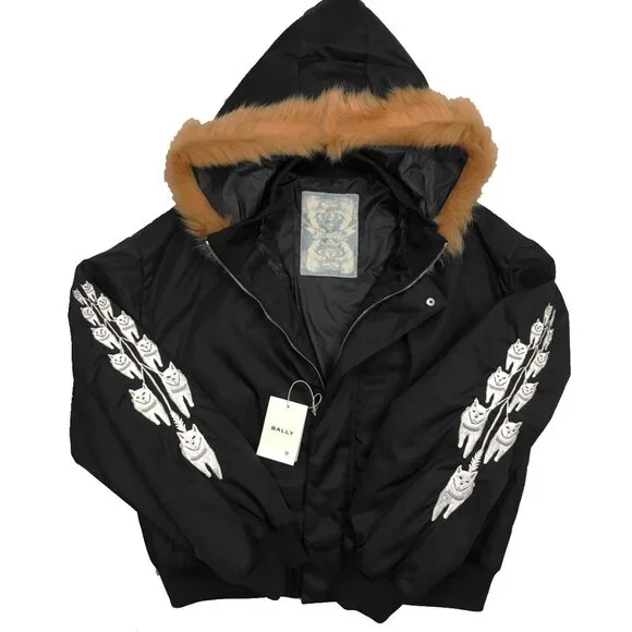 NEW! $2300 Bally of Switzerland Fur Trim Bomber Jacket!BlackEmbroidered Bear